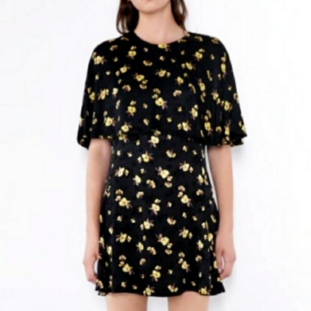NWT Zara Black and Gold Yellow Floral Cape Dress
